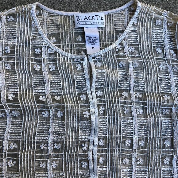 Black Tie Oleg Cassini Beaded Jacket M Women's 100% Silk Beige Sequined Designer - Picture 3 of 9